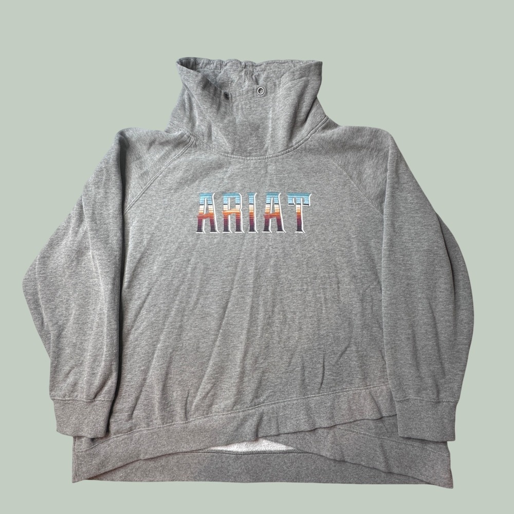 Ariat Sweatshirt Women 2X REAL Gray Embroidered Logo Funnel Neck Crossover Hem